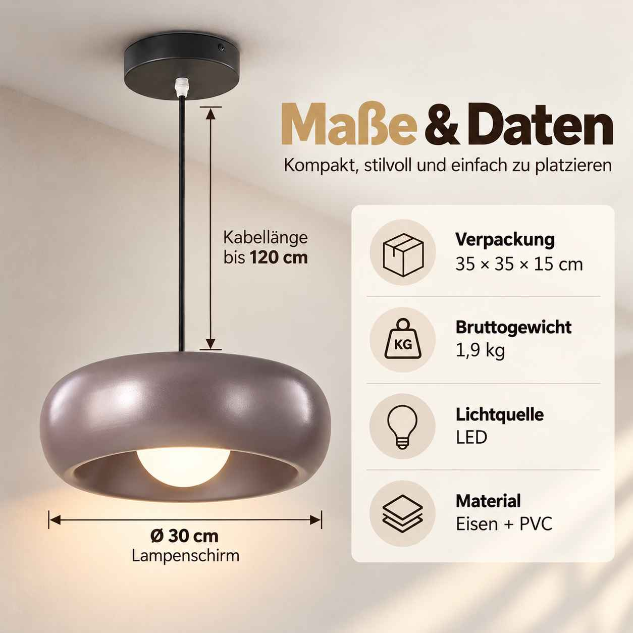 Infografik zeigt Maße und Technische Daten einer grauen Hängeleuchte mit 30 cm Schirm und 120 cm Kabel.