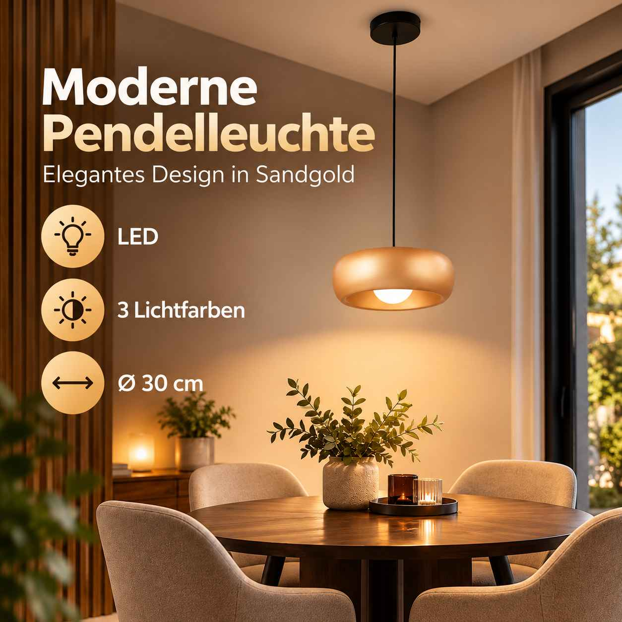 Moderne sandgoldene Pendelleuchte über einem runden Esstisch in einem gemütlichen Esszimmer mit Text und Symbolen.