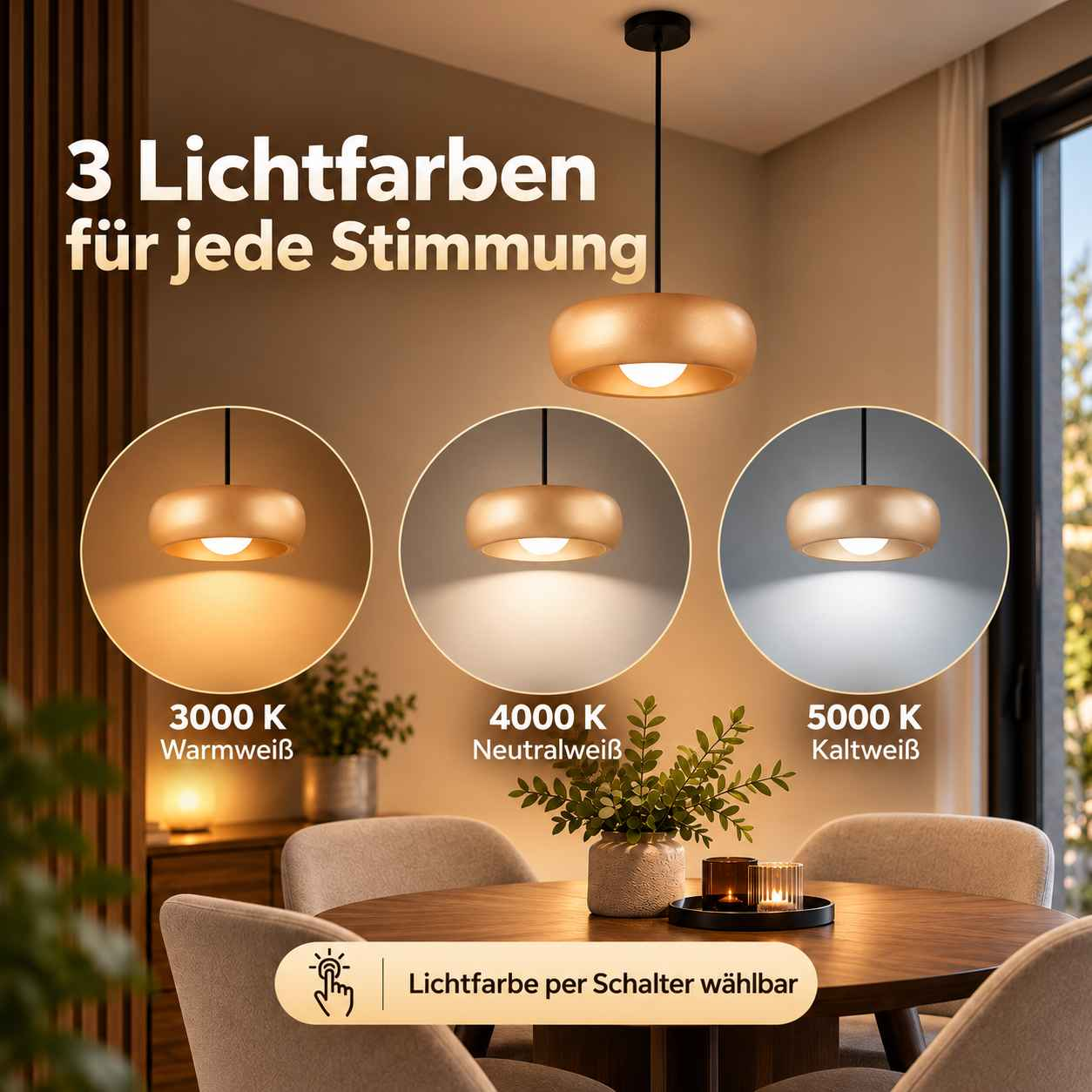Eine goldene Hängelampe über einem Esstisch zeigt drei verschiedene Lichtfarben von warmweiß bis kaltweiß.