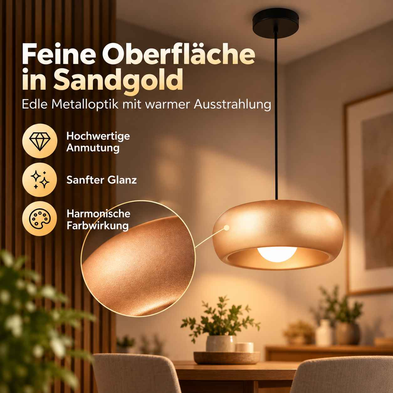 Sandgoldene Pendelleuchte über einem Holztisch mit Pflanzen in einem gemütlichen Raum.