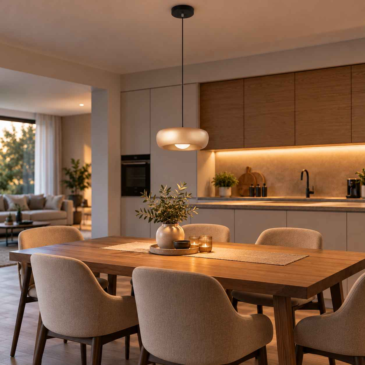 Moderne Pendelleuchte über Holzesstisch in gemütlichem Esszimmer.