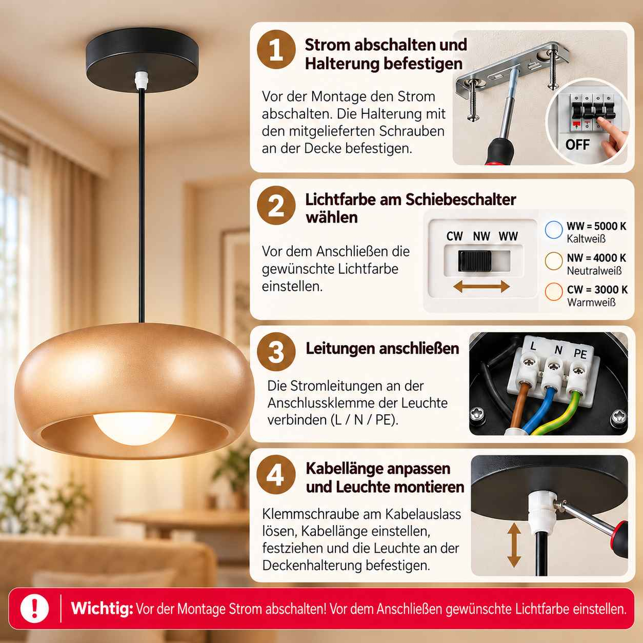 Vierteilige Montageanleitung für Hängeleuchte mit Kupferschirm, zeigt Verdrahtung, Befestigung und Farbschalter.