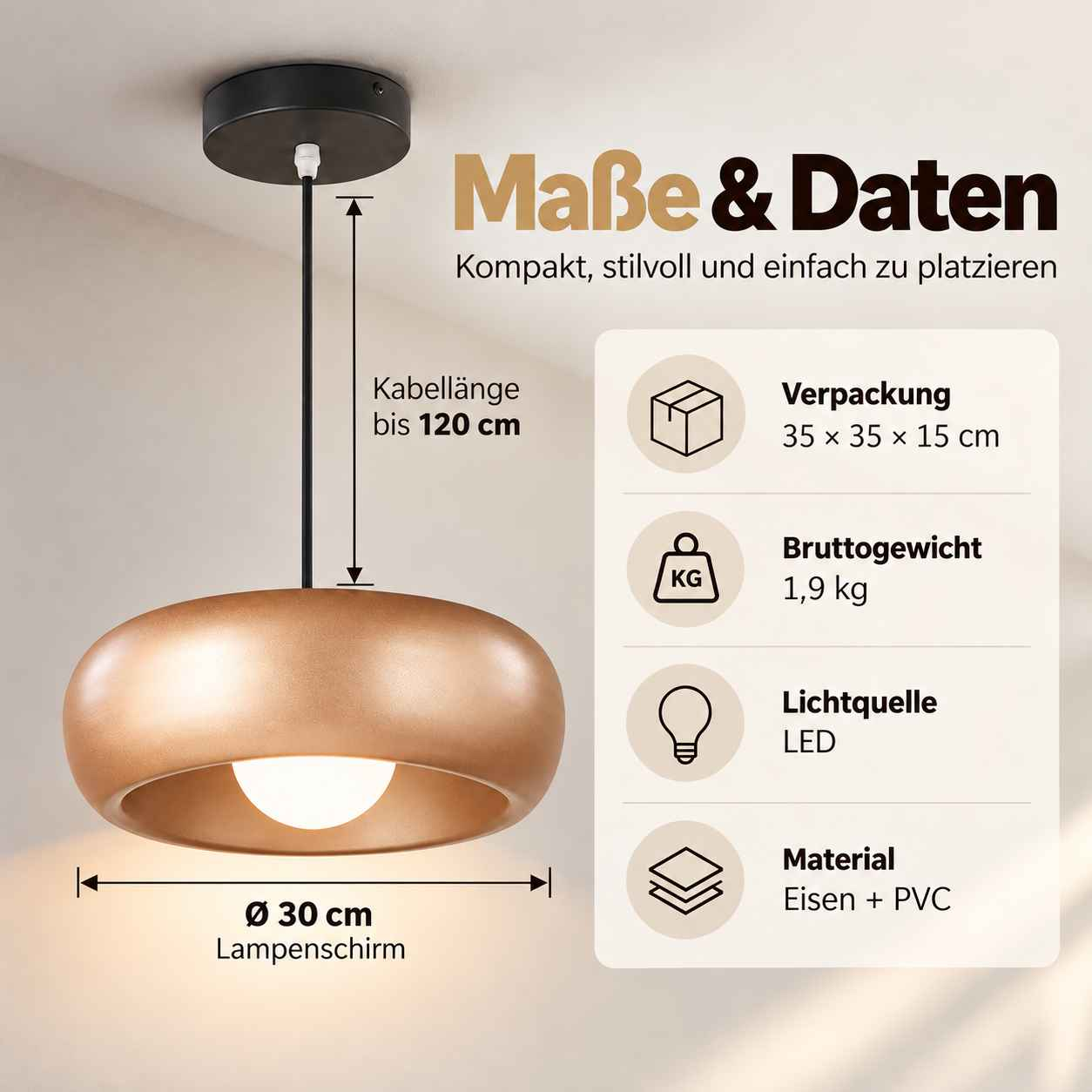Technische Daten und Maße einer runden, kupferfarbenen Hängeleuchte mit 30 cm Durchmesser.