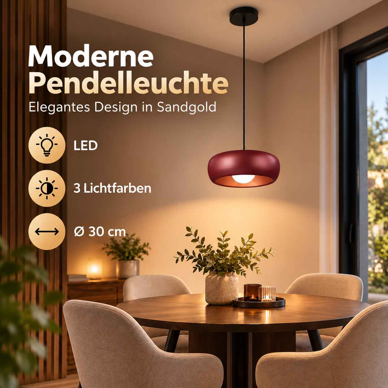 Moderne rote Pendelleuchte über einem runden Holztisch mit Stühlen und Text.