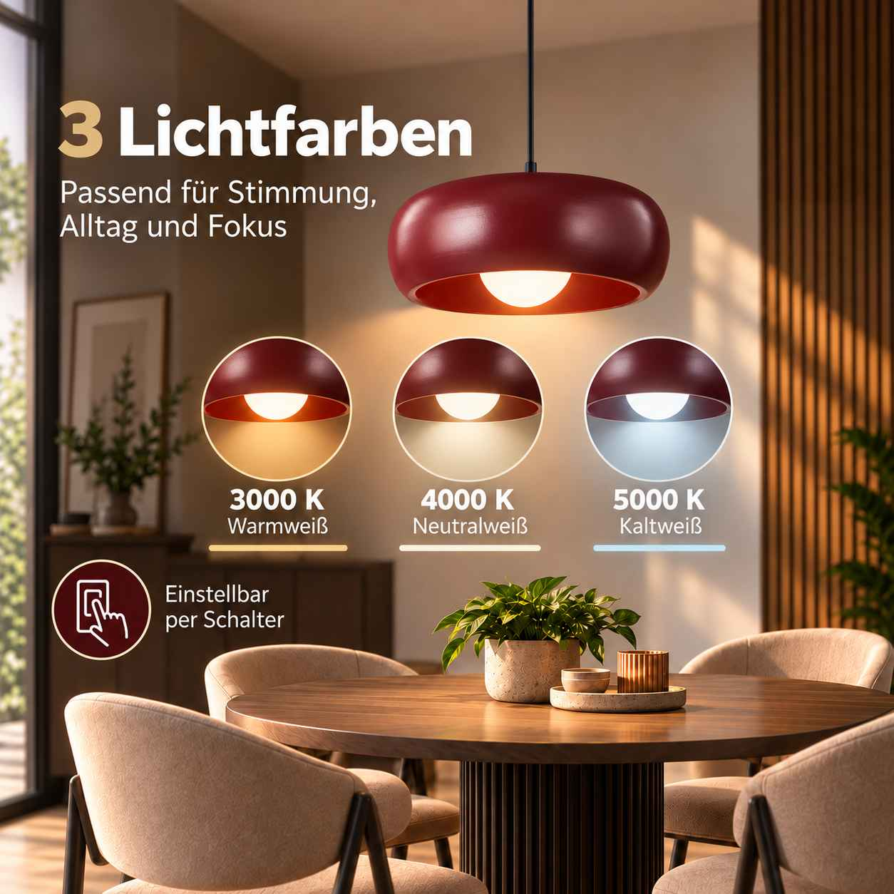 Rote Hängeleuchte über einem Holztisch mit drei einstellbaren Lichtfarben von warmweiß bis kaltweiß.