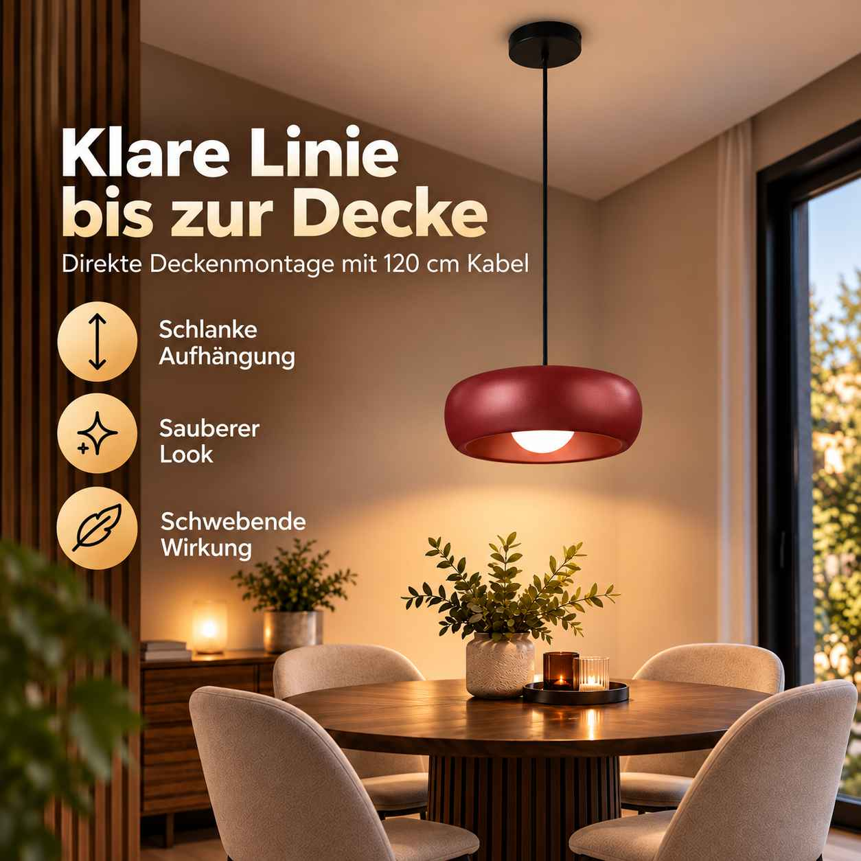 Rote Hängelampe über einem runden Esstisch in einem modernen Esszimmer mit Texten in deutscher Sprache.