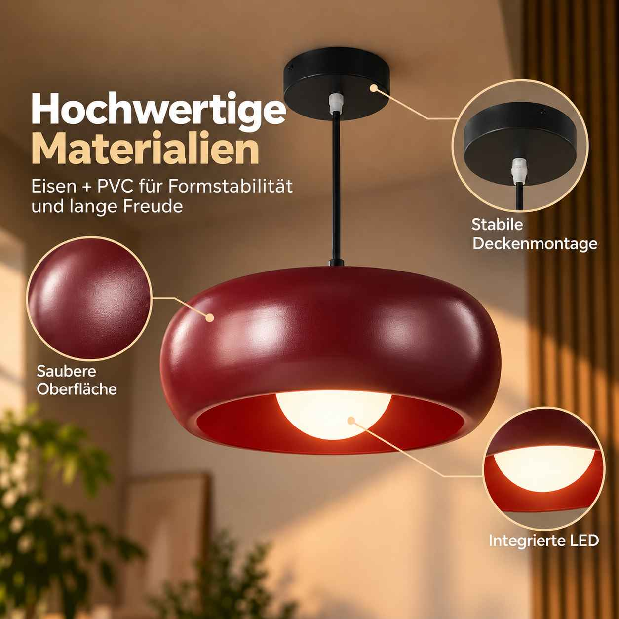 Rote Hängeleuchte mit LED-Beleuchtung und Textoverlays zu den Materialien.