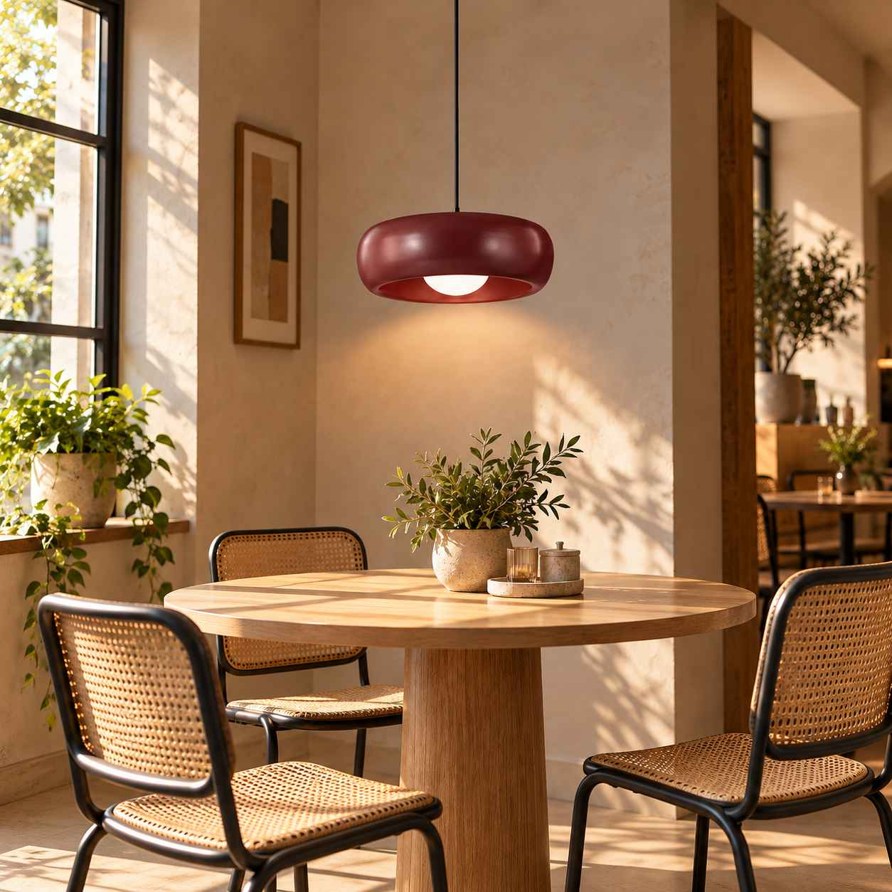 Ein runder Esstisch aus Holz mit Stühlen und einer modernen roten Hängelampe in einem hellen, sonnigen Zimmer.