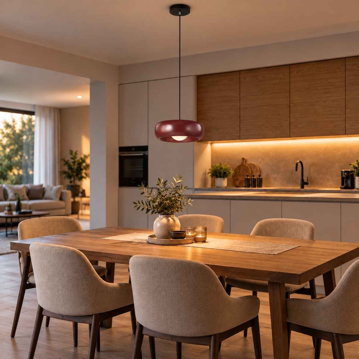 Moderne rote Hängelampe über einem Holzesstisch in einem hellen, eleganten Esszimmer.