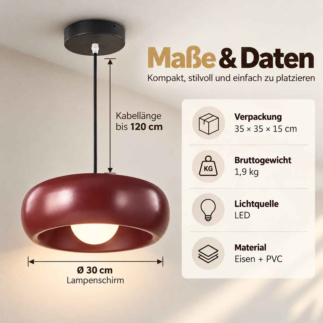 Rote Pendelleuchte mit Angaben zu Maßen, Gewicht, Lichtquelle und Material in einer Tabelle.
