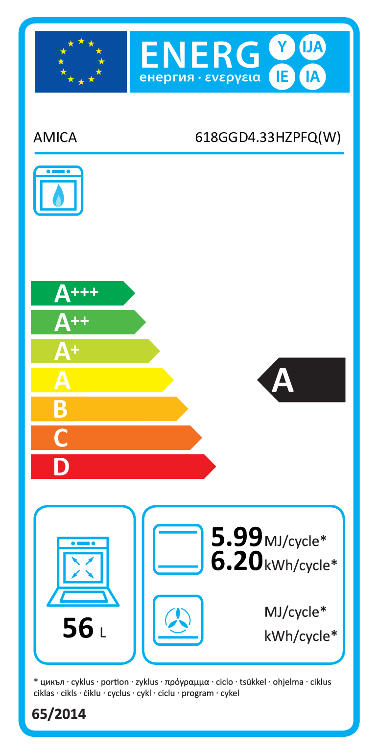 Etykieta energetyczna piekarnika Amica w klasie A, pokazująca zużycie i 56L pojemności.