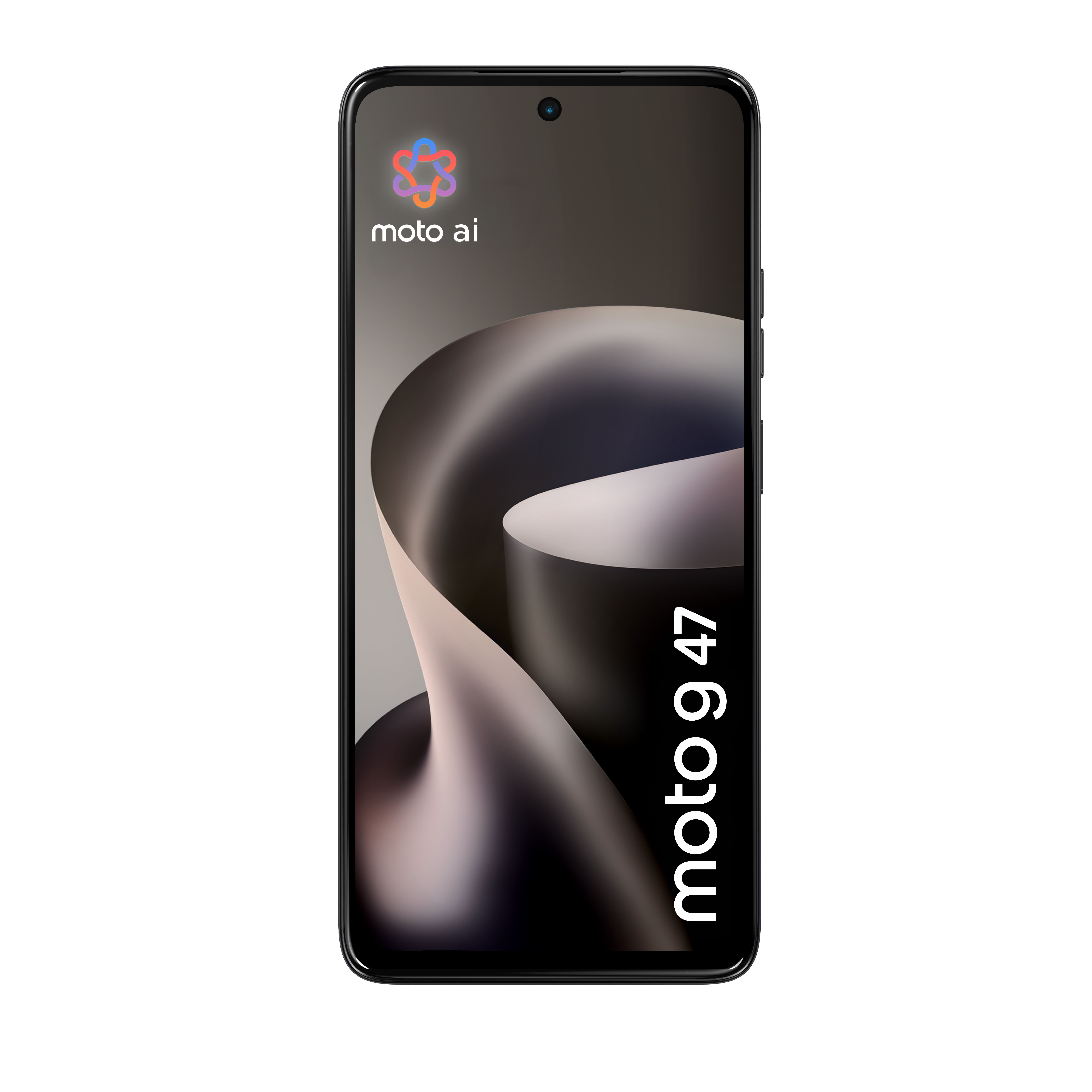 Czarny smartfon z logo moto ai i napisem moto g 47 na zakrzywionym szarym ekranie.