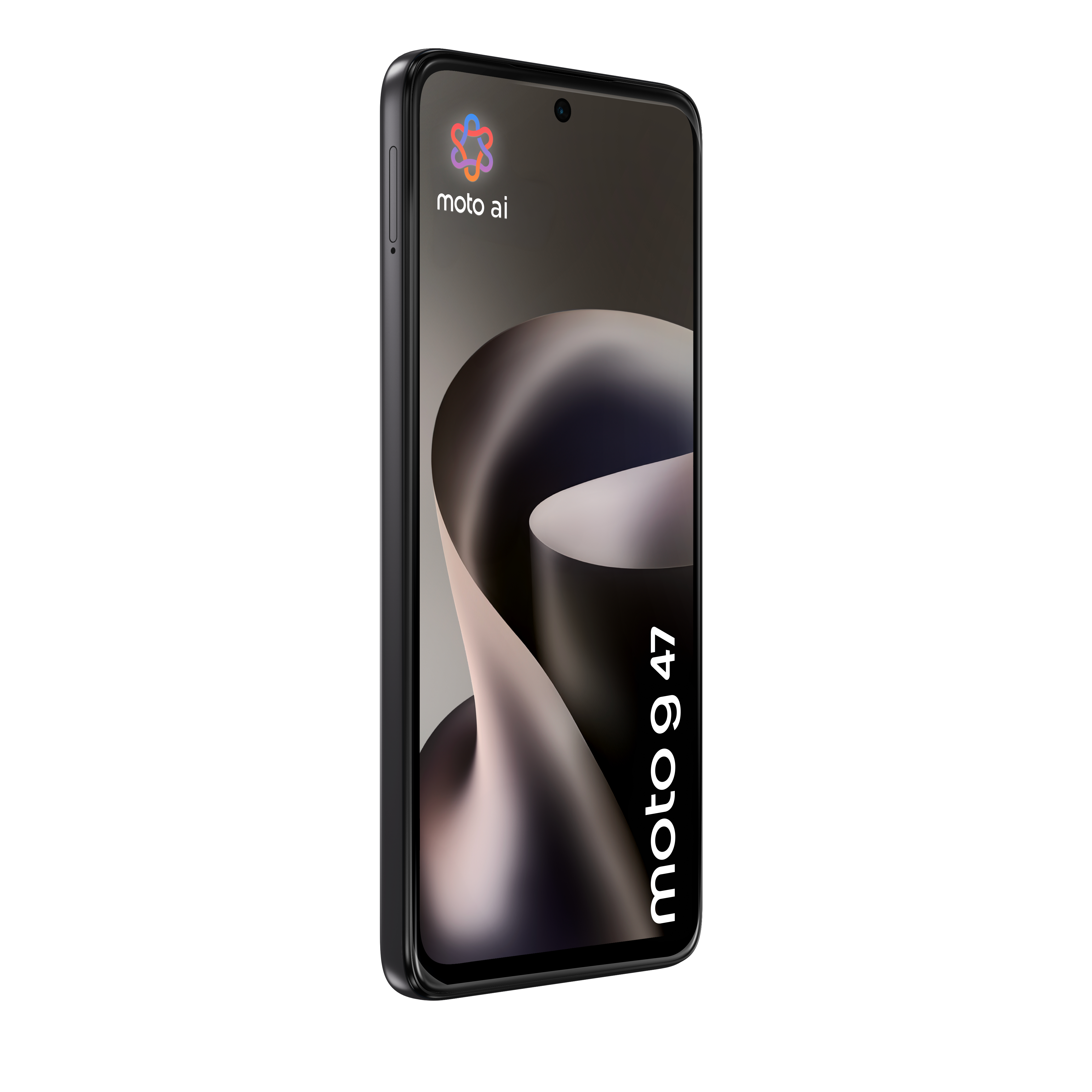 Czarny smartfon Motorola z zakrzywionym, abstrakcyjnym motywem ekranu i napisem moto g 47.
