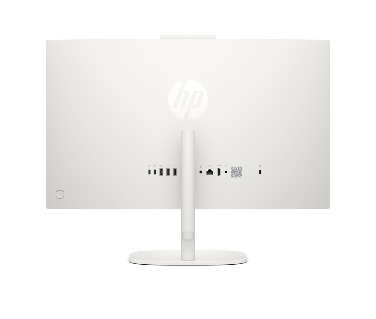 Widok z tyłu białego komputera All-in-One HP z podstawką i różnymi portami.