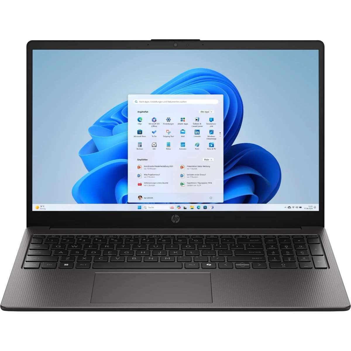 Ein offener HP Laptop zeigt den blauen Startbildschirm von Windows 11 mit einer geöffneten App-Leiste.