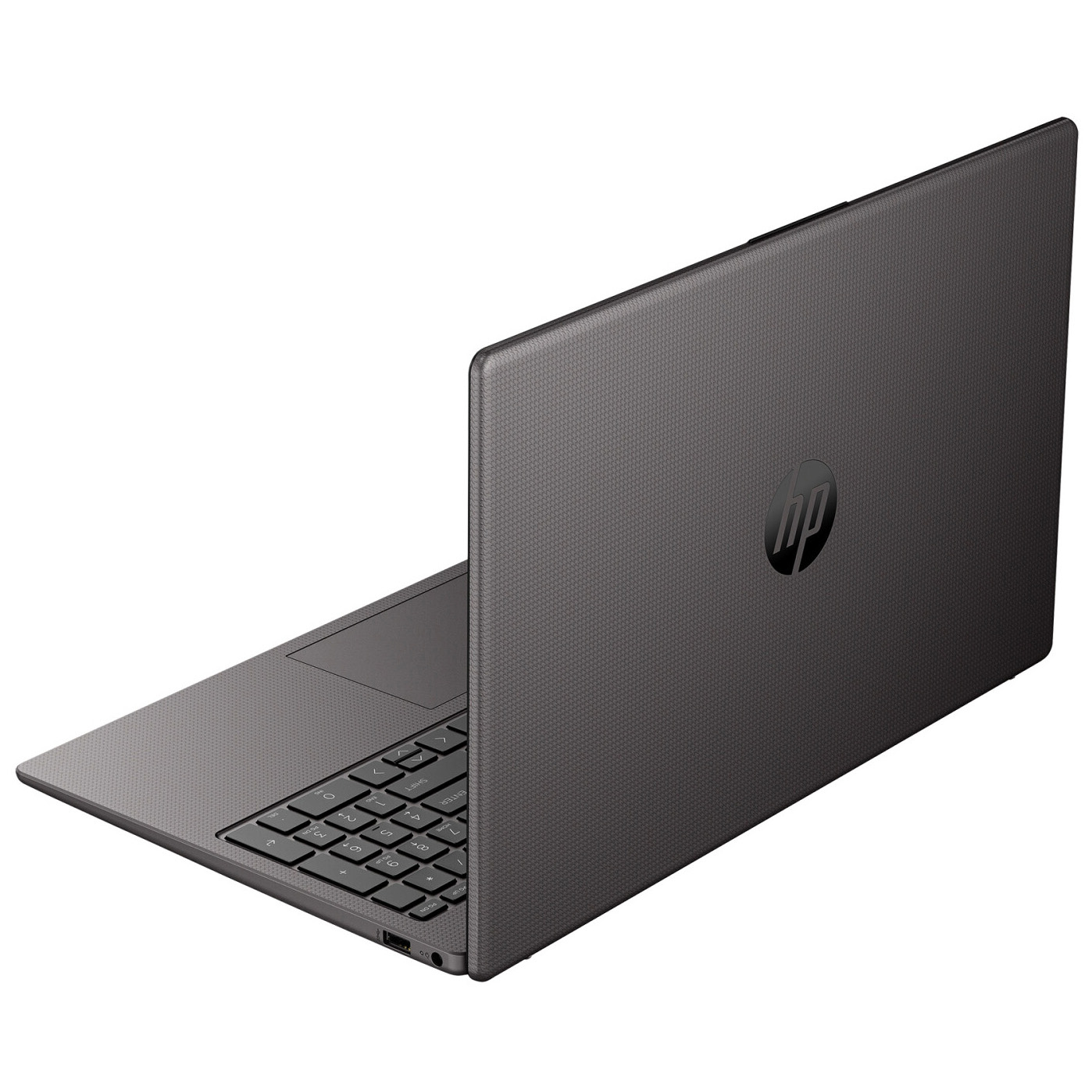 Ein grauer HP Laptop in geöffnetem Zustand auf weißem Hintergrund, die Tastatur und das HP-Logo sind sichtbar.