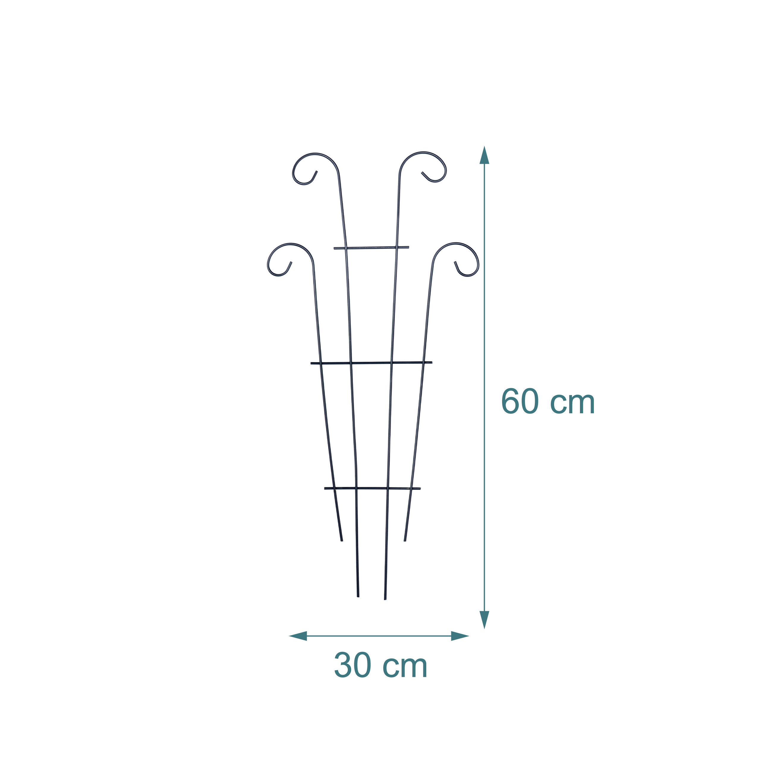 Technische Zeichnung eines Pflanzenobelisken aus Metall mit Maßen: 60 cm Höhe und 30 cm Breite.