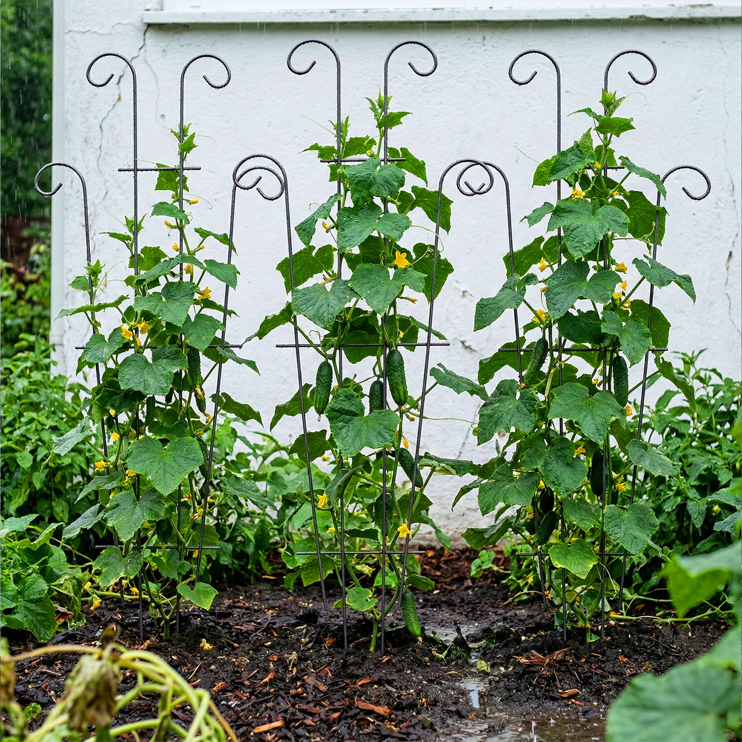 Drei Gurkenpflanzen klettern an schwarzen Metallspalieren in einem nassen Gartenbeet vor einer weißen Wand.