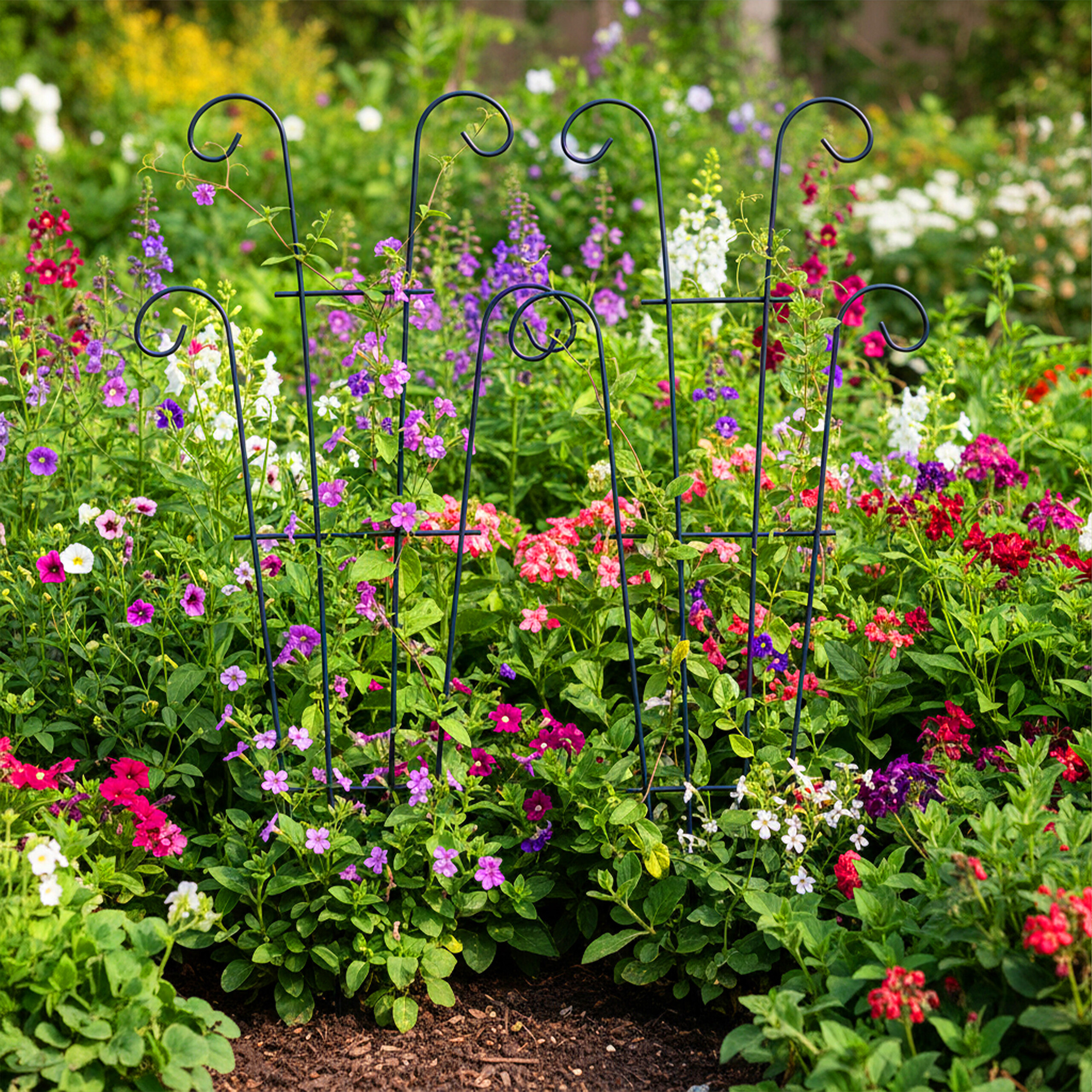Schwarzes Metallrankgitter inmitten eines blühenden Gartens mit bunten Blumen.