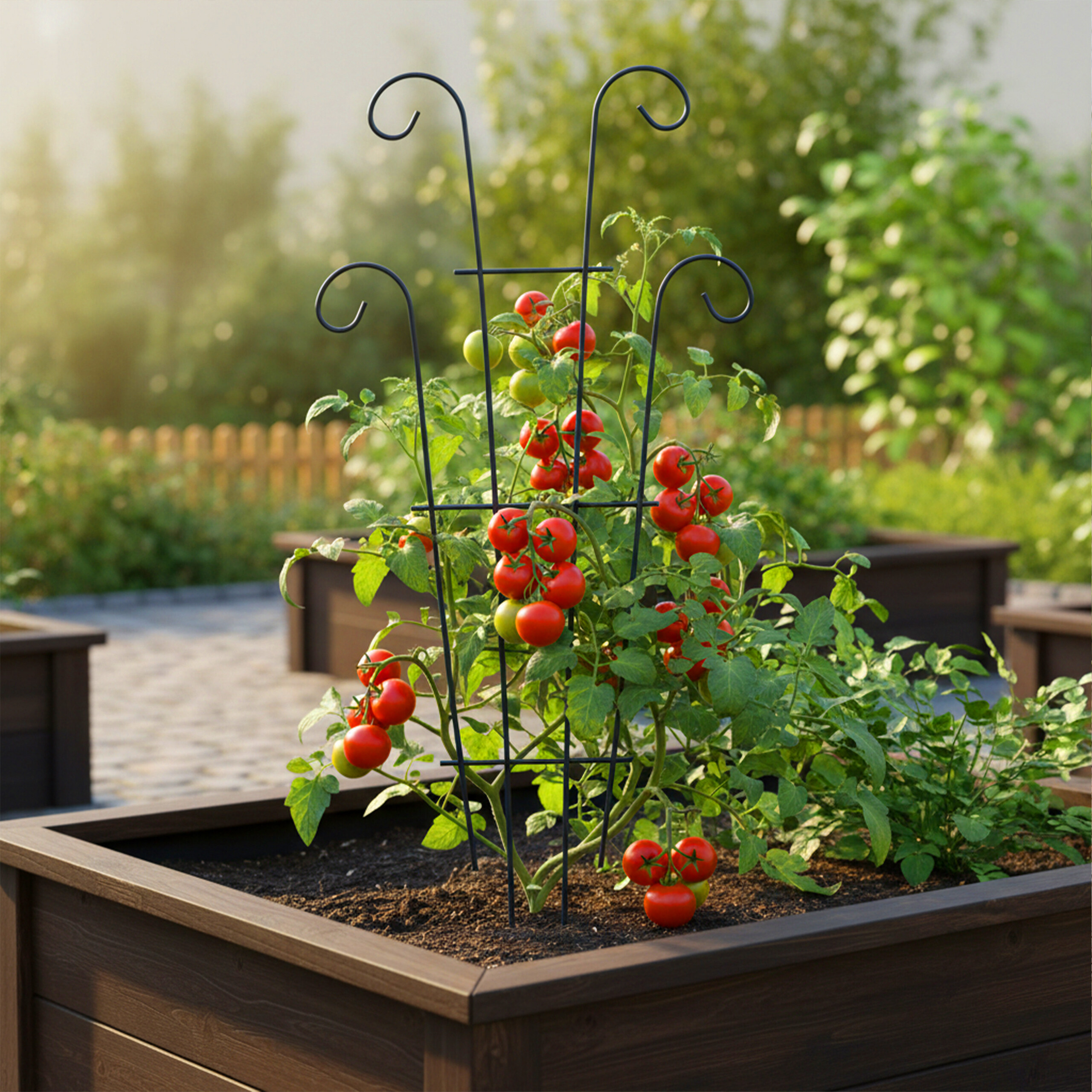 Tomatenpflanze mit vielen roten Früchten an einem schwarzen Metallspalier in einem erhöhten Gartenbeet.
