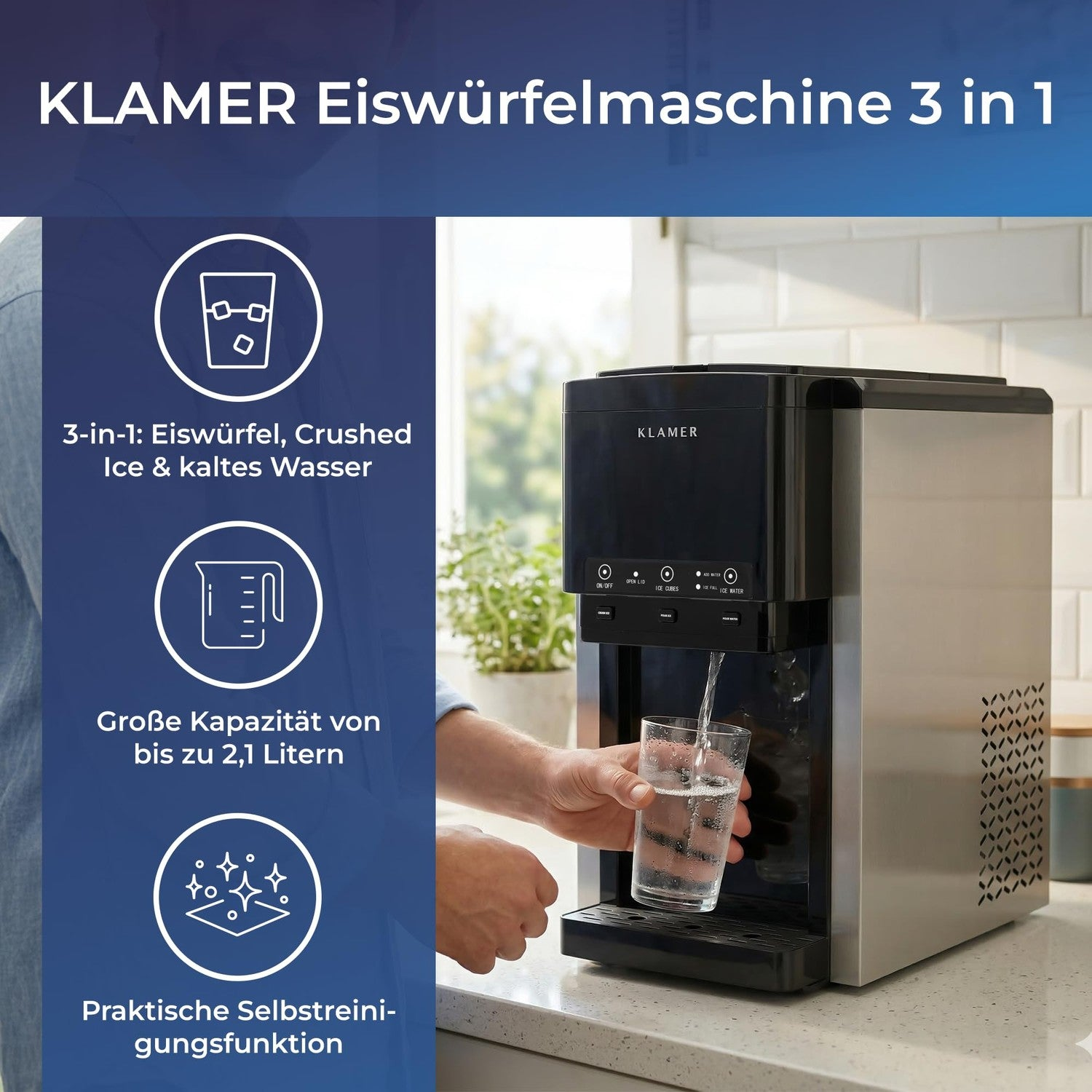 Eine schwarz-silberne Klamer Eismaschine auf einer Theke gibt Wasser in ein Glas. Links Symbole und deutscher Text.
