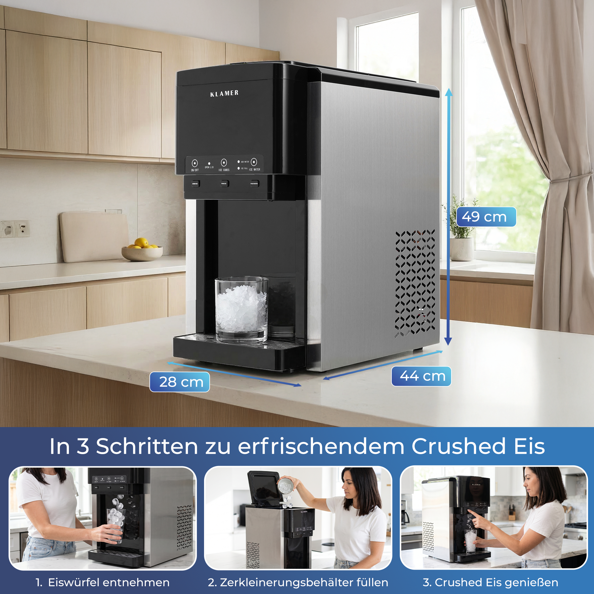Klamer Eismaschine auf einer Küchentheke mit Maßangaben und drei Schritten zur Bedienung unten.
