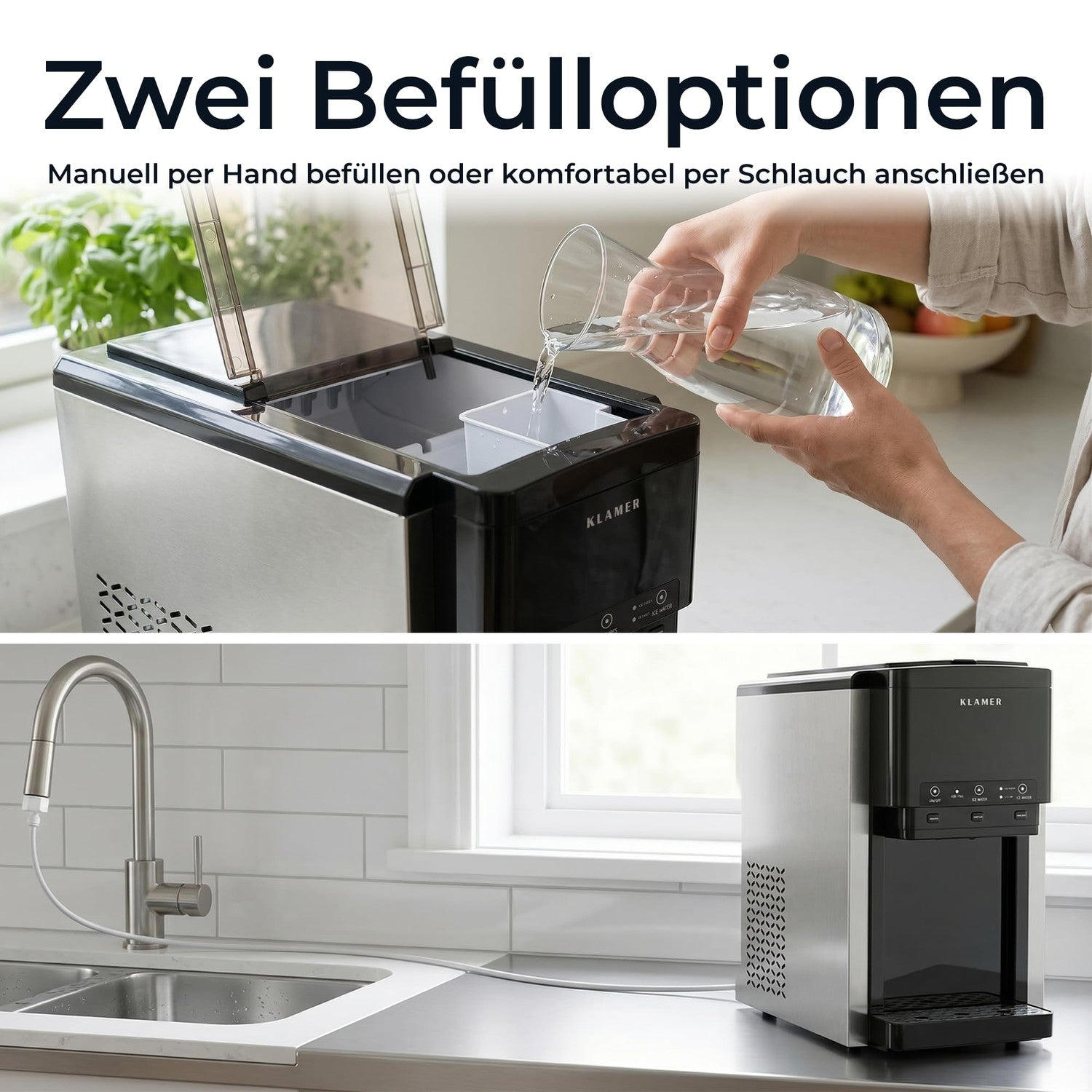 Eiswürfelbereiter mit zwei Fülloptionen: manuell mit Wasser befüllen oder per Schlauch an den Wasserhahn anschließen.