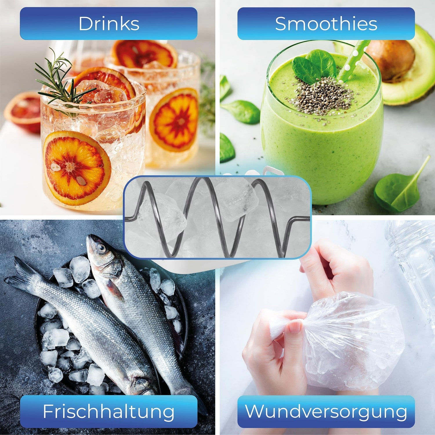 Vier Bilder zeigen Eisbereiter-Anwendungen: Cocktails, Smoothie, frischer Fisch und eine Kühlpackung am Handgelenk.