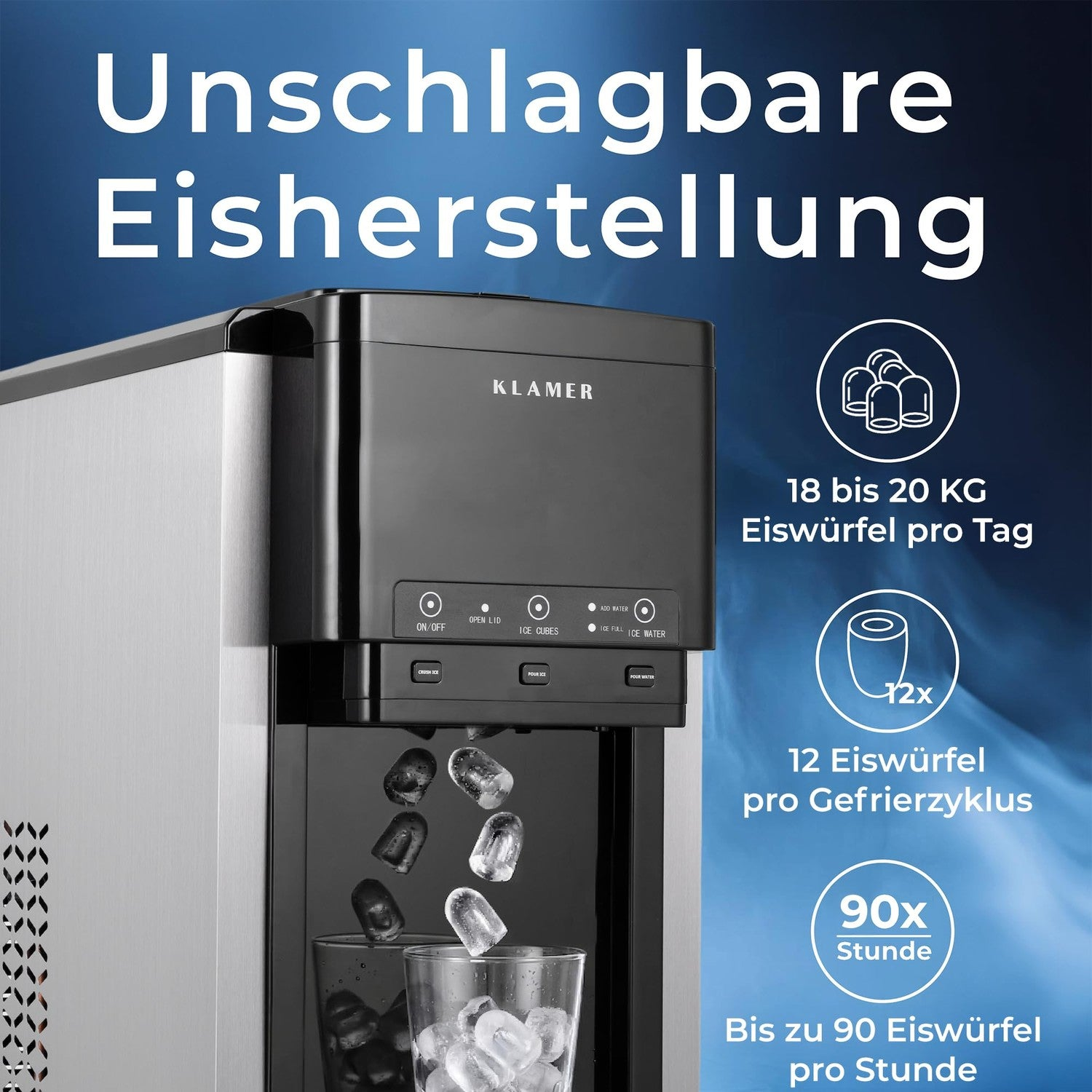 Klamer Eismaschine dispensiert Eiswürfel in ein Glas, mit Leistungsmerkmalen im Hintergrund.