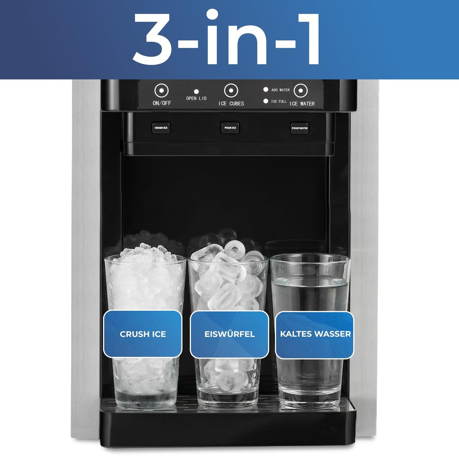 Ein 3-in-1 Eis- und Wasserspender mit Gläsern für Crushed Ice, Eiswürfel und kaltes Wasser.