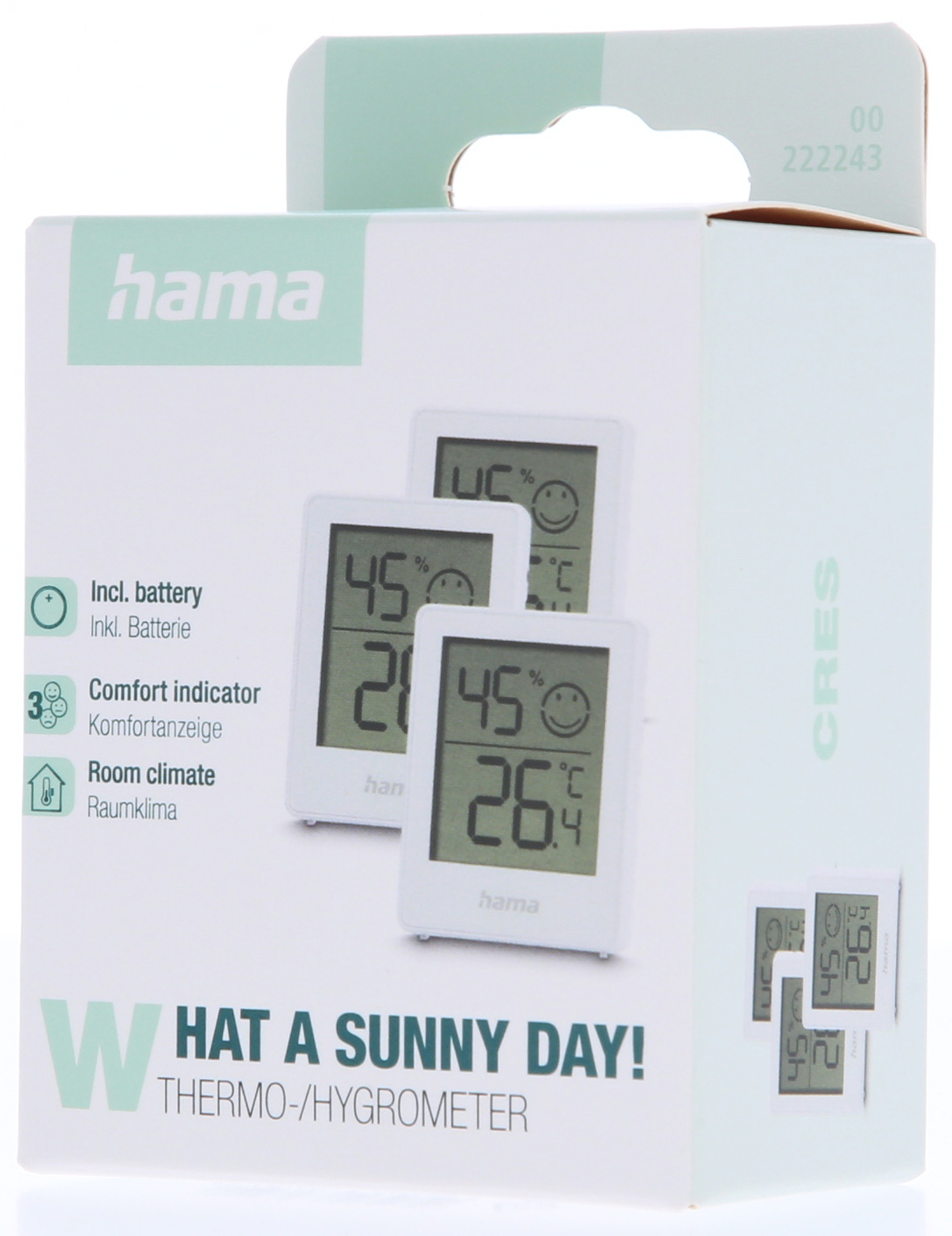 Verpackung eines Hama Thermo- und Hygrometers mit weißem Hintergrund und Produktbildern.