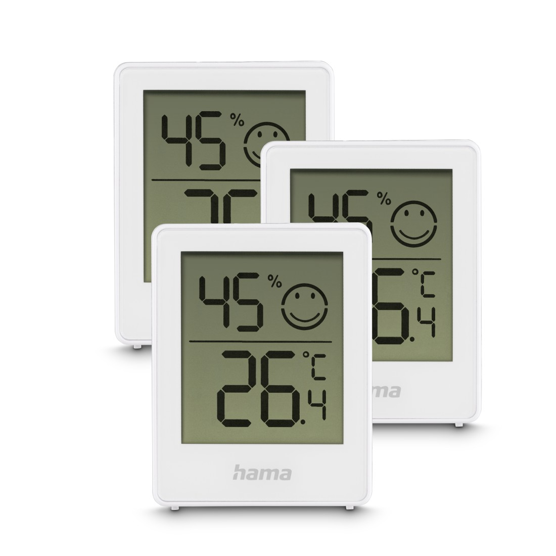 Drei weiße digitale Thermo-Hygrometer mit grauen Displays und Smiley-Symbolen.