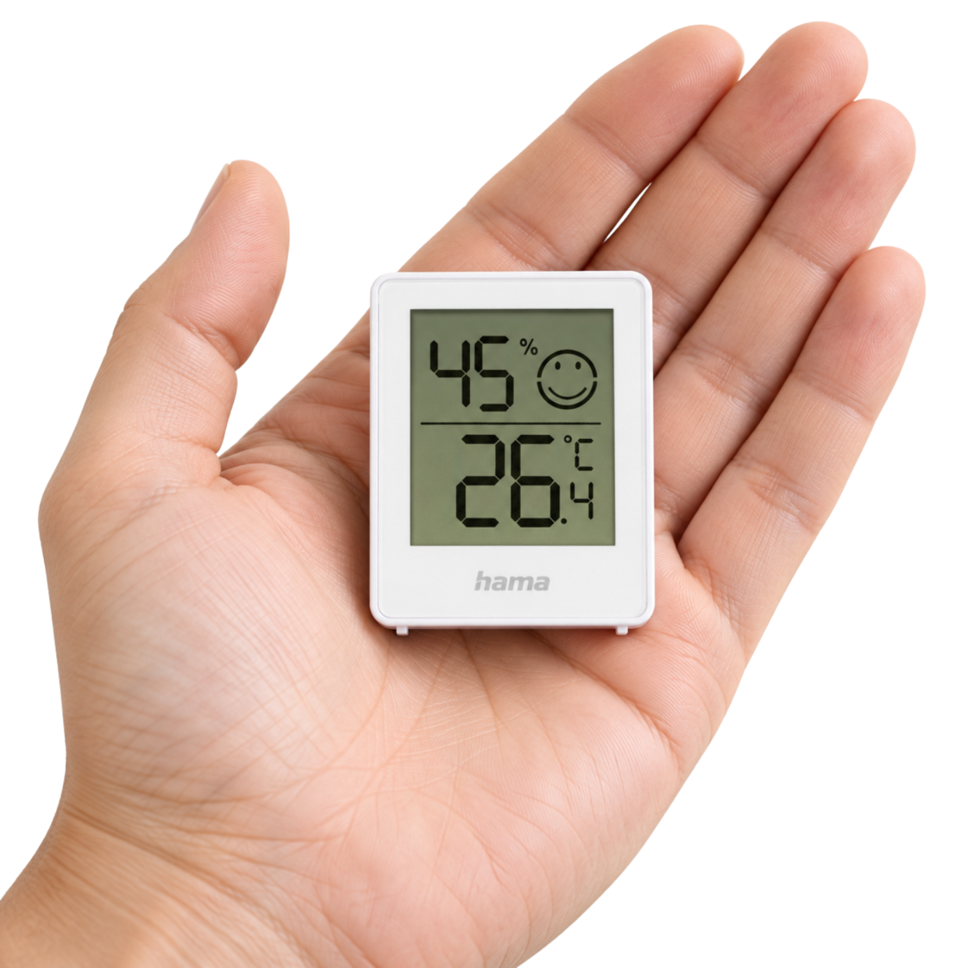 Eine offene Hand hält ein kleines weißes Hama Thermometer mit digitaler Anzeige.