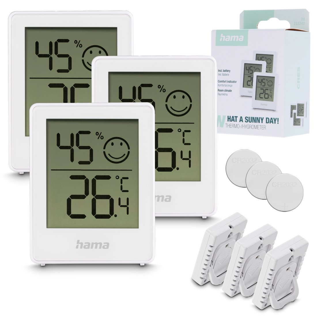 Drei weiße Hama Thermo-Hygrometer mit Digitalanzeigen für Luftfeuchtigkeit und Temperatur, inkl. Batterien und Verpackung.