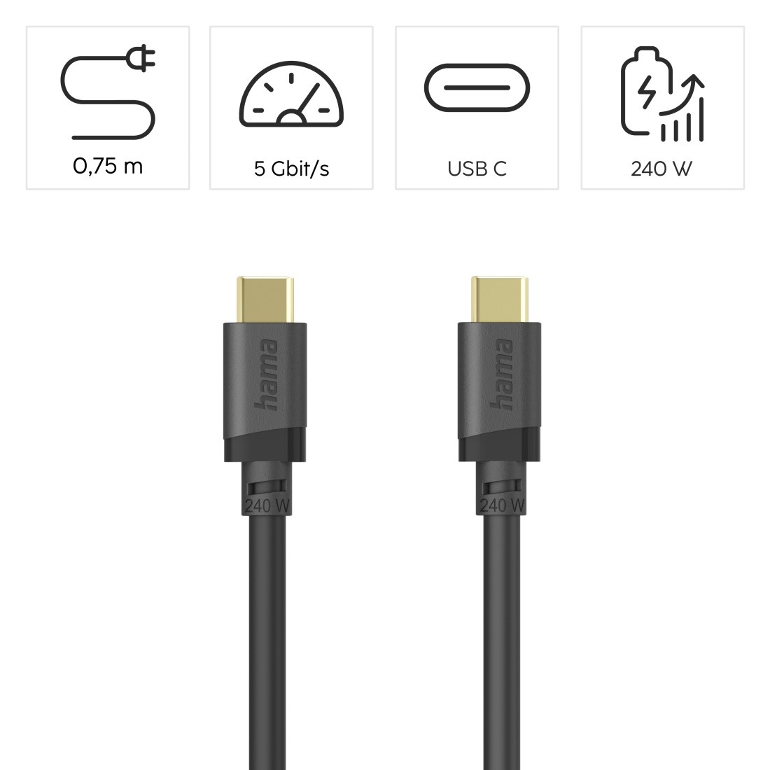 Dwa kable USB-C Hama ze złotymi złączami oraz ikonami 0,75m, 5 Gbit/s, USB-C i 240W.