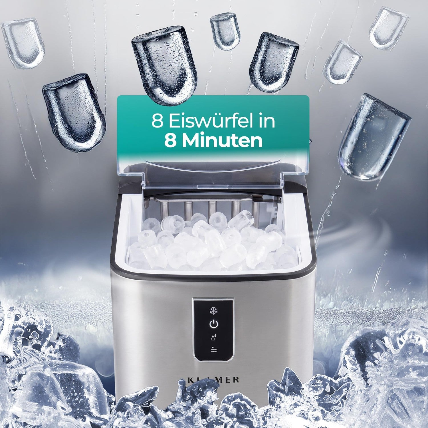 Eine Eismaschine gefüllt mit Eiswürfeln, umgeben von schwebenden Eiswürfeln und Spritzwasser.