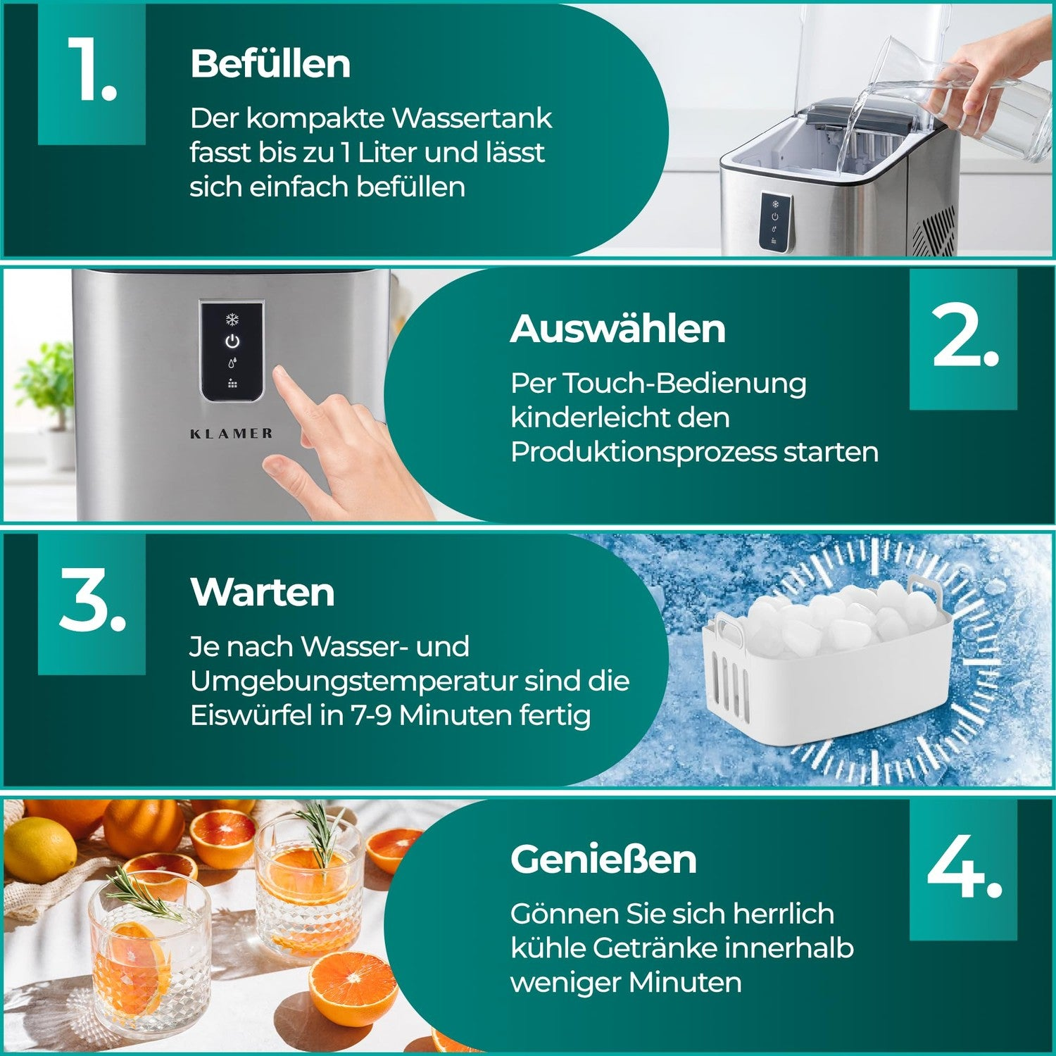 Vier Schritte zur Eisherstellung: Befüllen, Auswählen, Warten und Genießen mit frischen Getränken.
