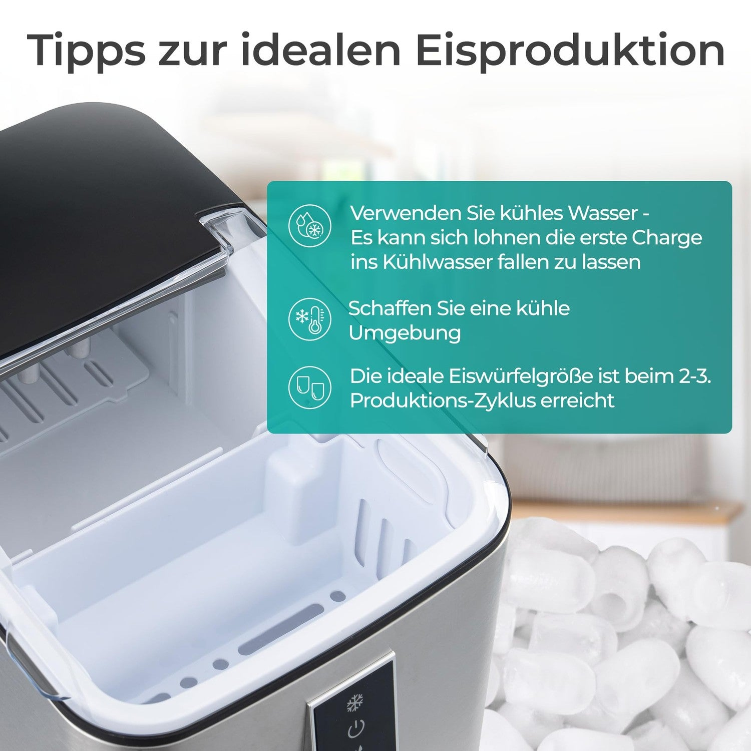 Eiswürfelbereiter mit offenem Fach und Tipps für die Eisproduktion auf grünem Overlay.