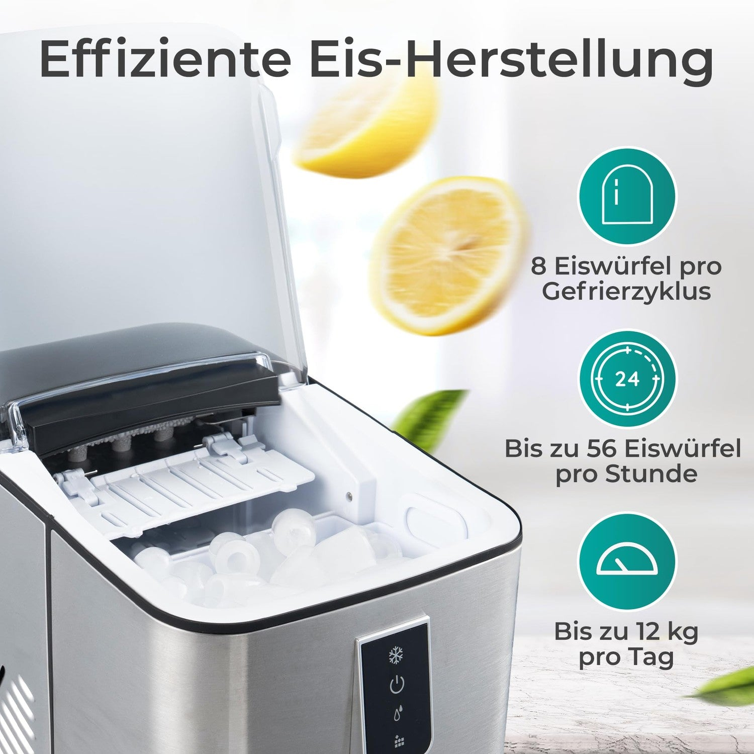 Edelstahl-Eiswürfelbereiter mit geöffnetem Deckel, Eiskörben und grafischen Produktmerkmalen.