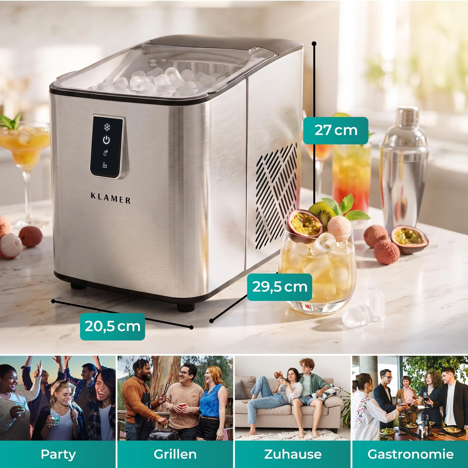 Edelstahl-Eiswürfelmaschine mit Maßen und Cocktails im Hintergrund sowie vier kleinen Nutzungsszenen.