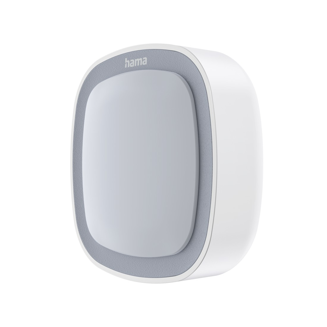 Ein weiß-graues, abgerundetes Hama Smart Home Gerät mit zentraler Taste auf weißem Hintergrund.