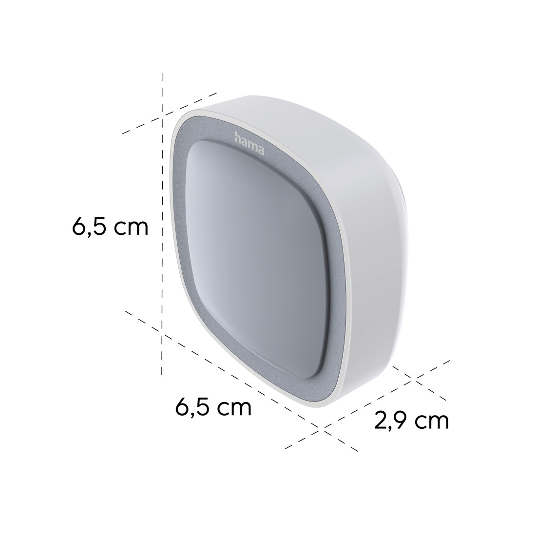 Weißes Hama Smart-Home-Gerät mit grauer Vorderseite und Maßen von 6,5 x 6,5 x 2,9 cm auf weißem Hintergrund.