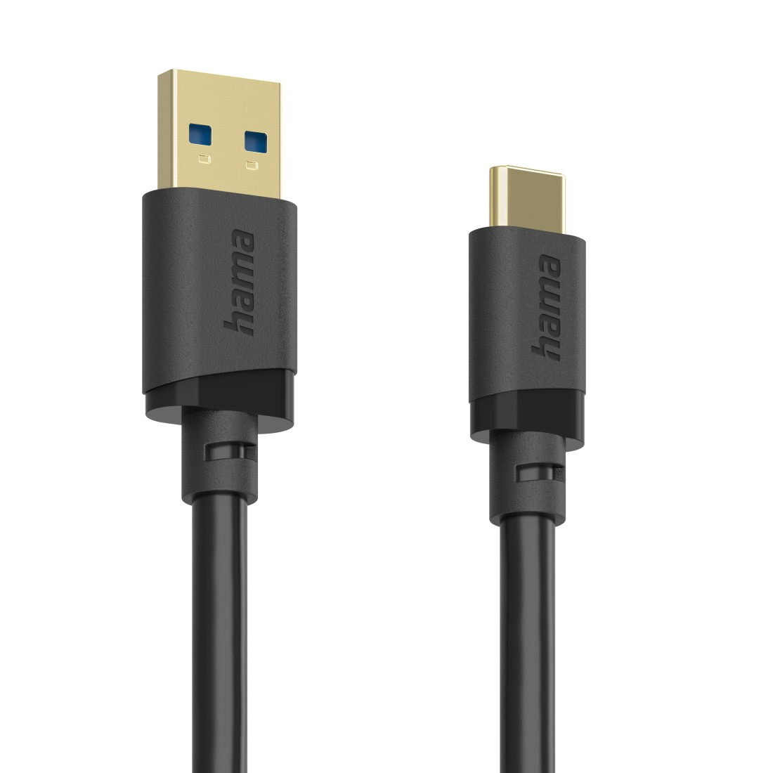 Un câble USB-A vers USB-C Hama avec connecteurs dorés sur fond blanc.