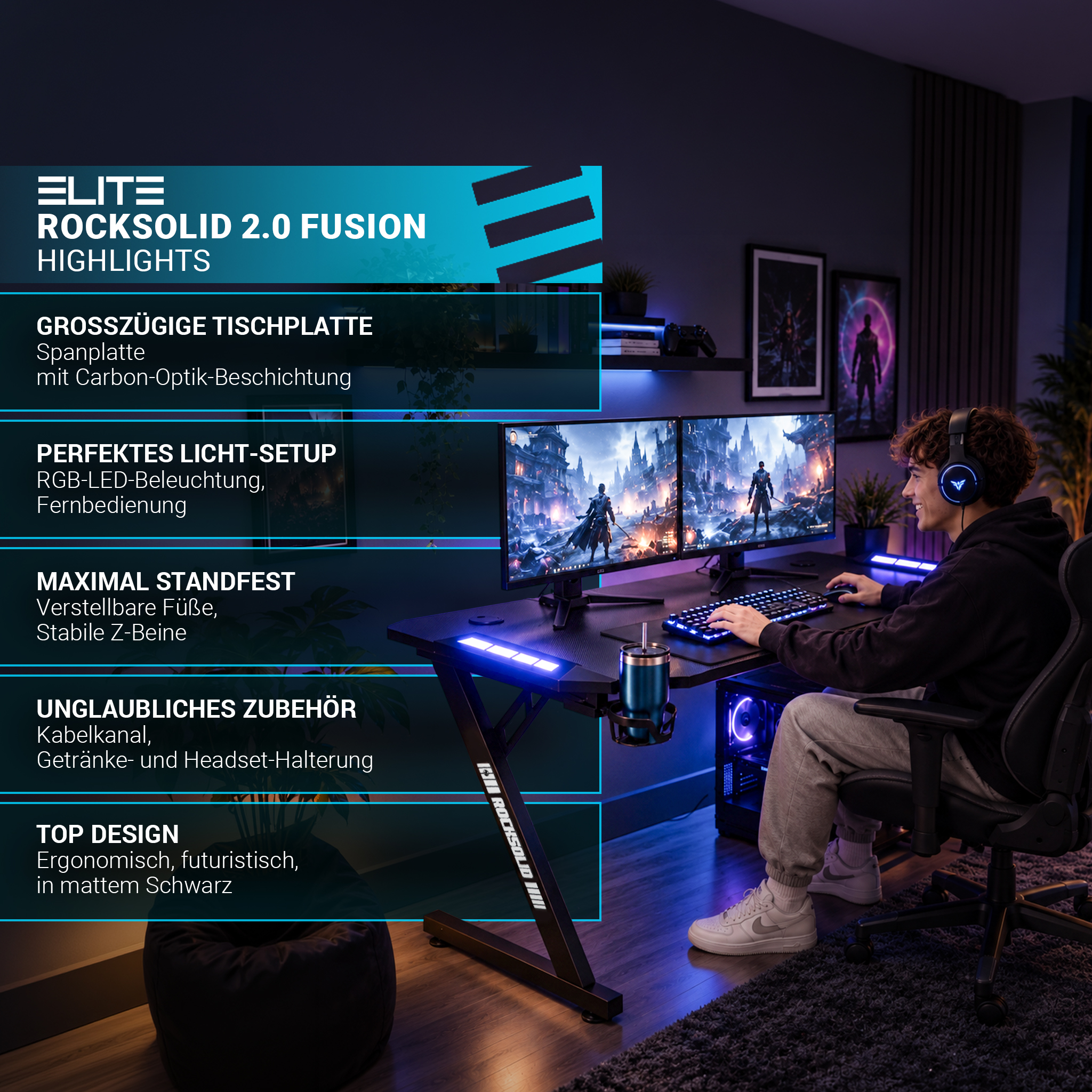 Ein junger Gamer mit Kopfhörern sitzt an einem schwarzen Schreibtisch mit zwei Monitoren und blauer LED-Beleuchtung.