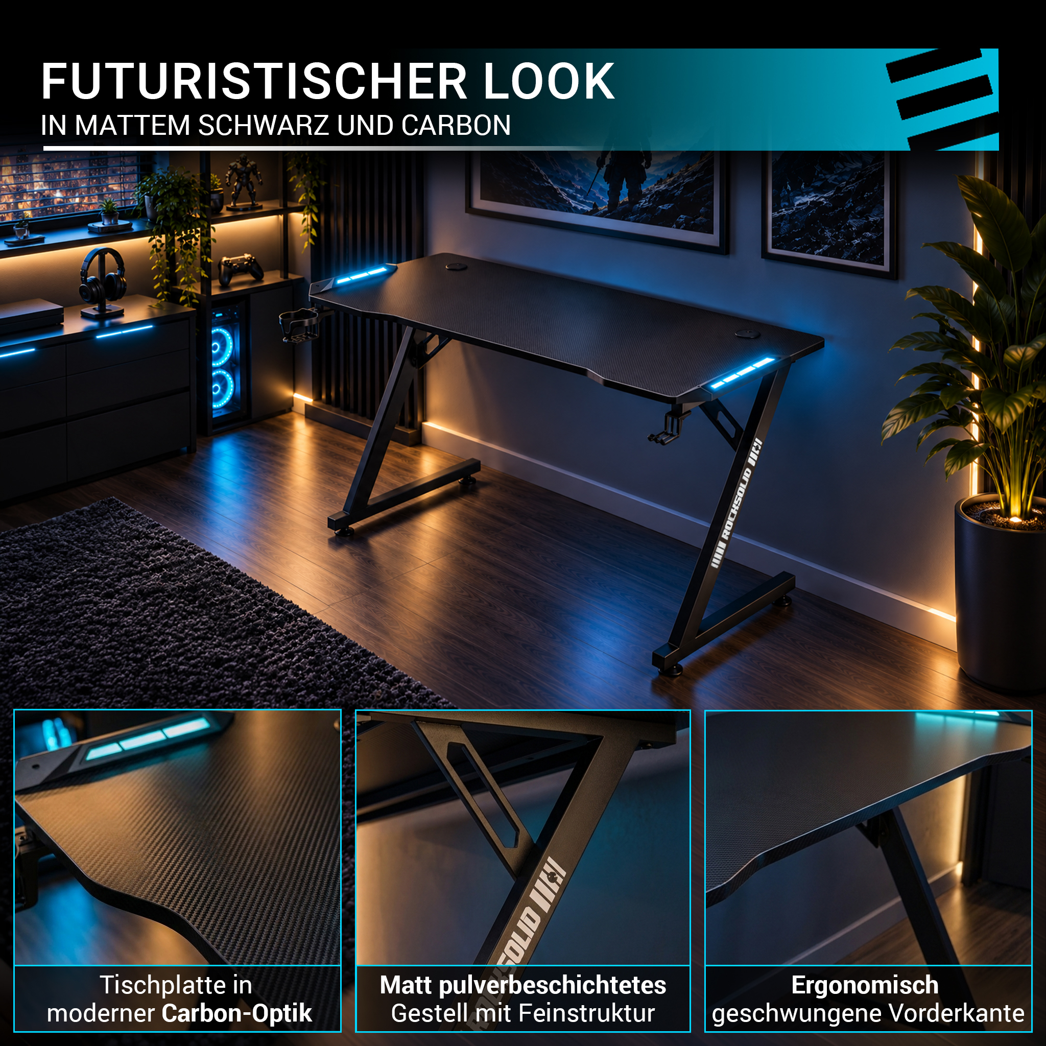 Ein schwarzer Gaming-Schreibtisch mit blauen LEDs in einem modernen Zimmer mit Pflanze und Teppich.
