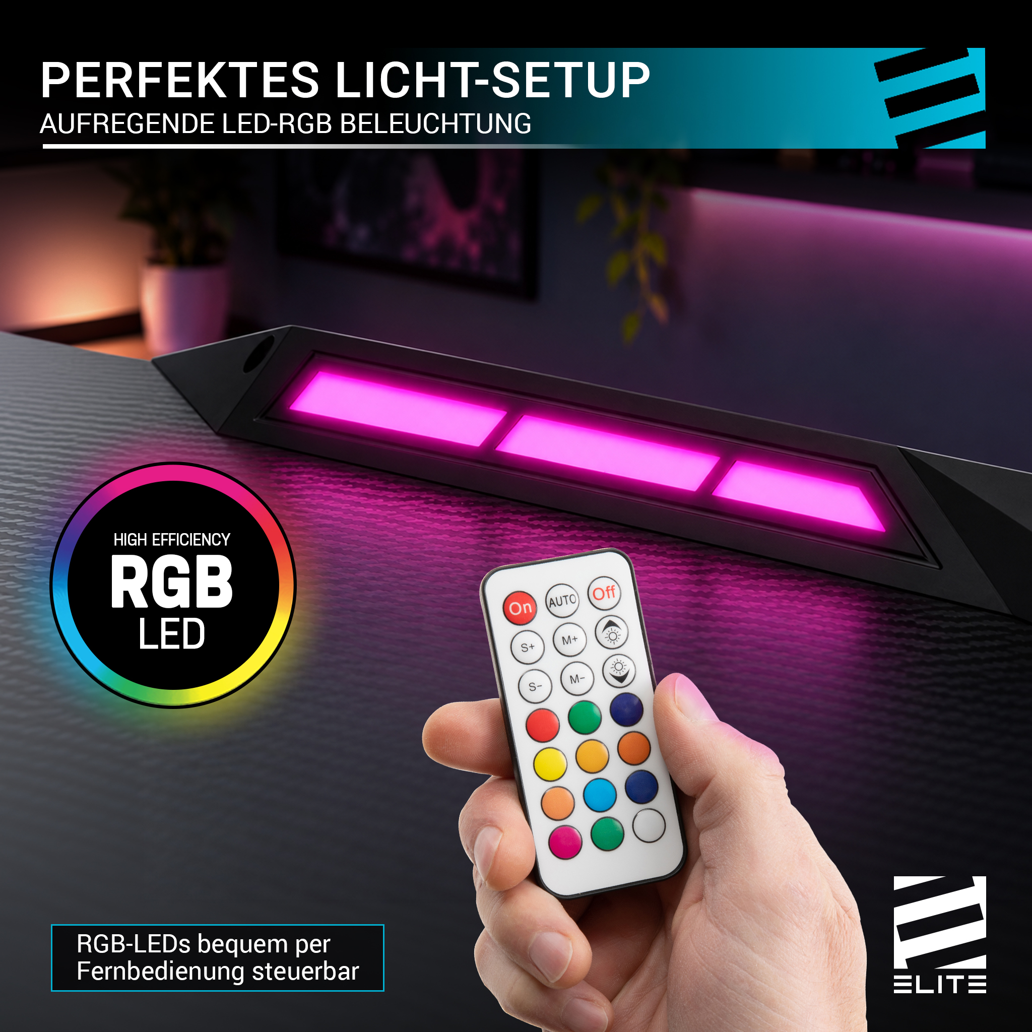 Eine Hand hält eine kleine Fernbedienung, während im Hintergrund eine schwarze LED-Leiste pink leuchtet.