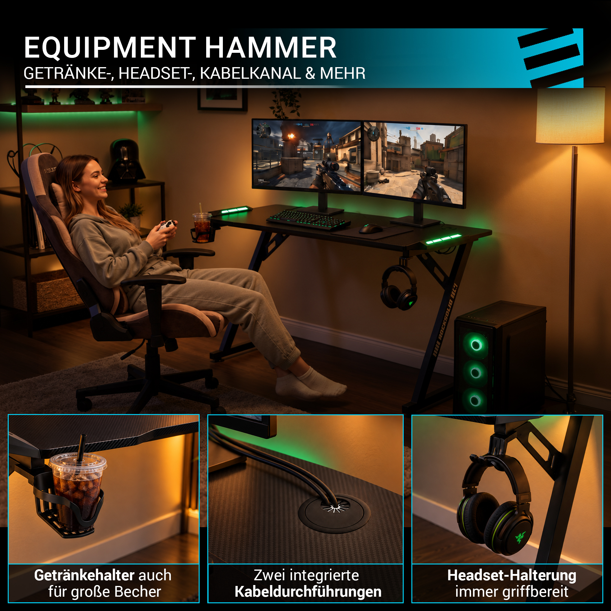 Eine Frau sitzt an einem Gaming-Schreibtisch mit zwei Monitoren, Getränkehalter und Headset-Halterung.