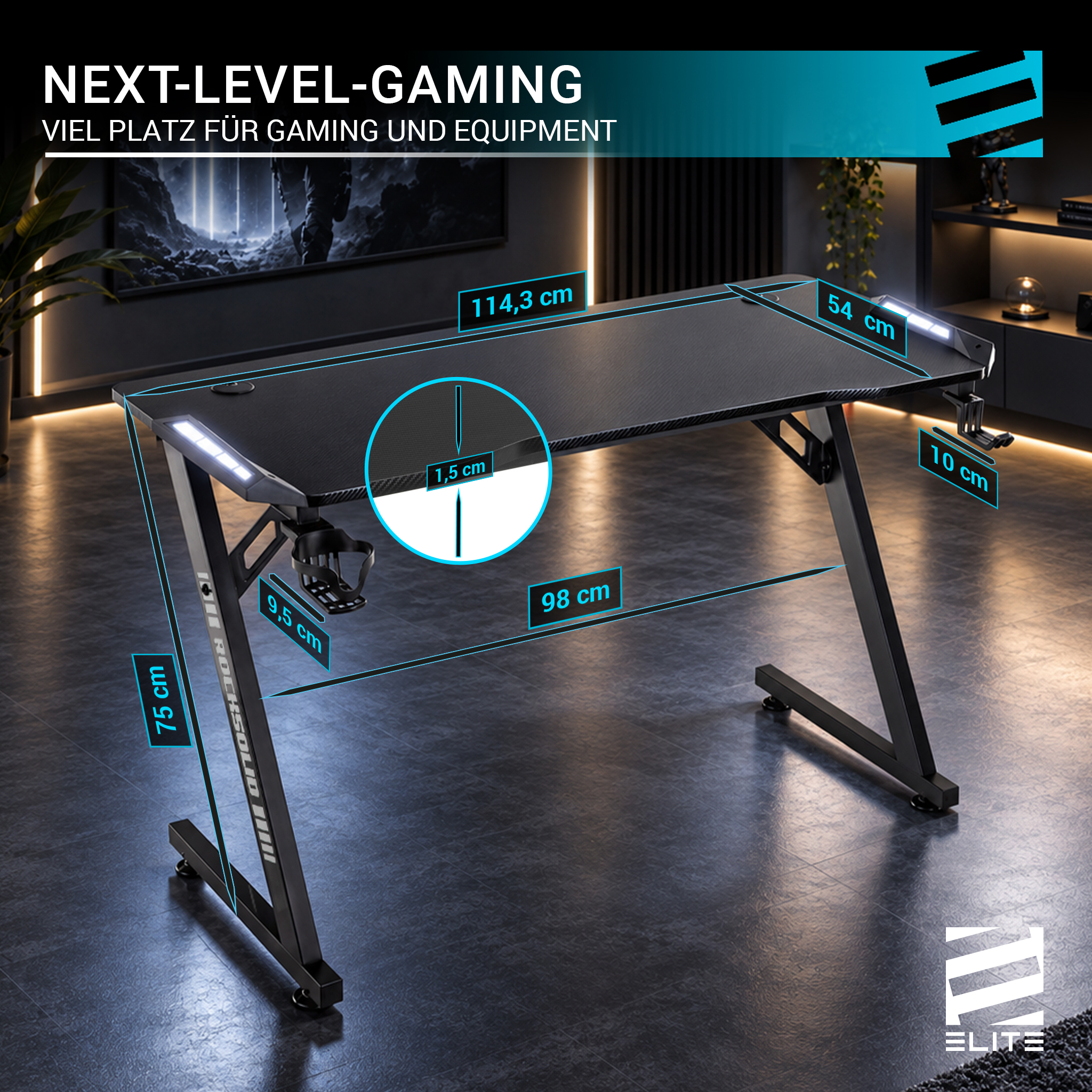 Schwarzer Gaming-Schreibtisch mit Maßen in cm, LED-Leuchten und Zubehör wie Getränkehalter.