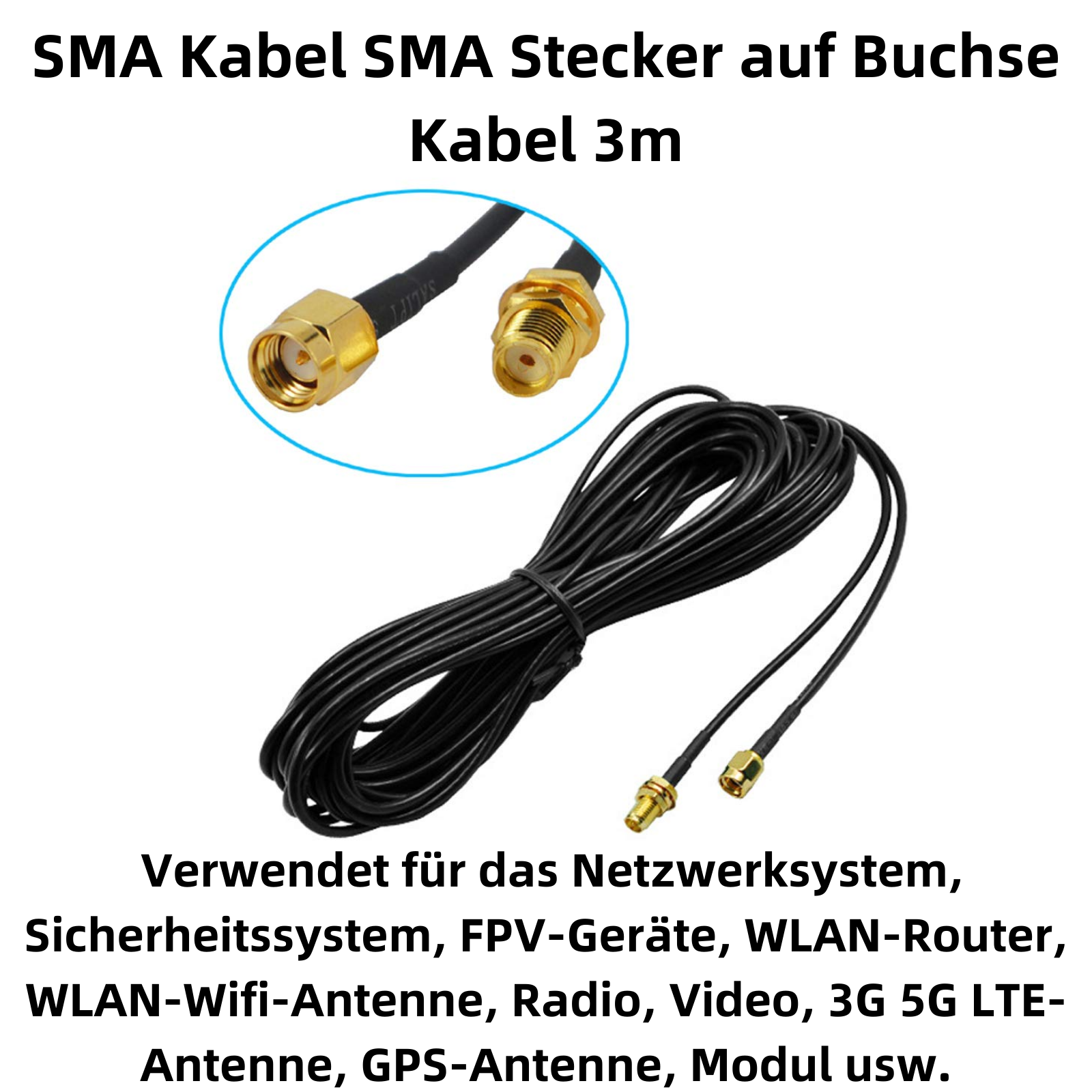 3m SMA Kabel mit Stecker und Buchse, ideal für WLAN, Router, Antennen und Netzwerksysteme.