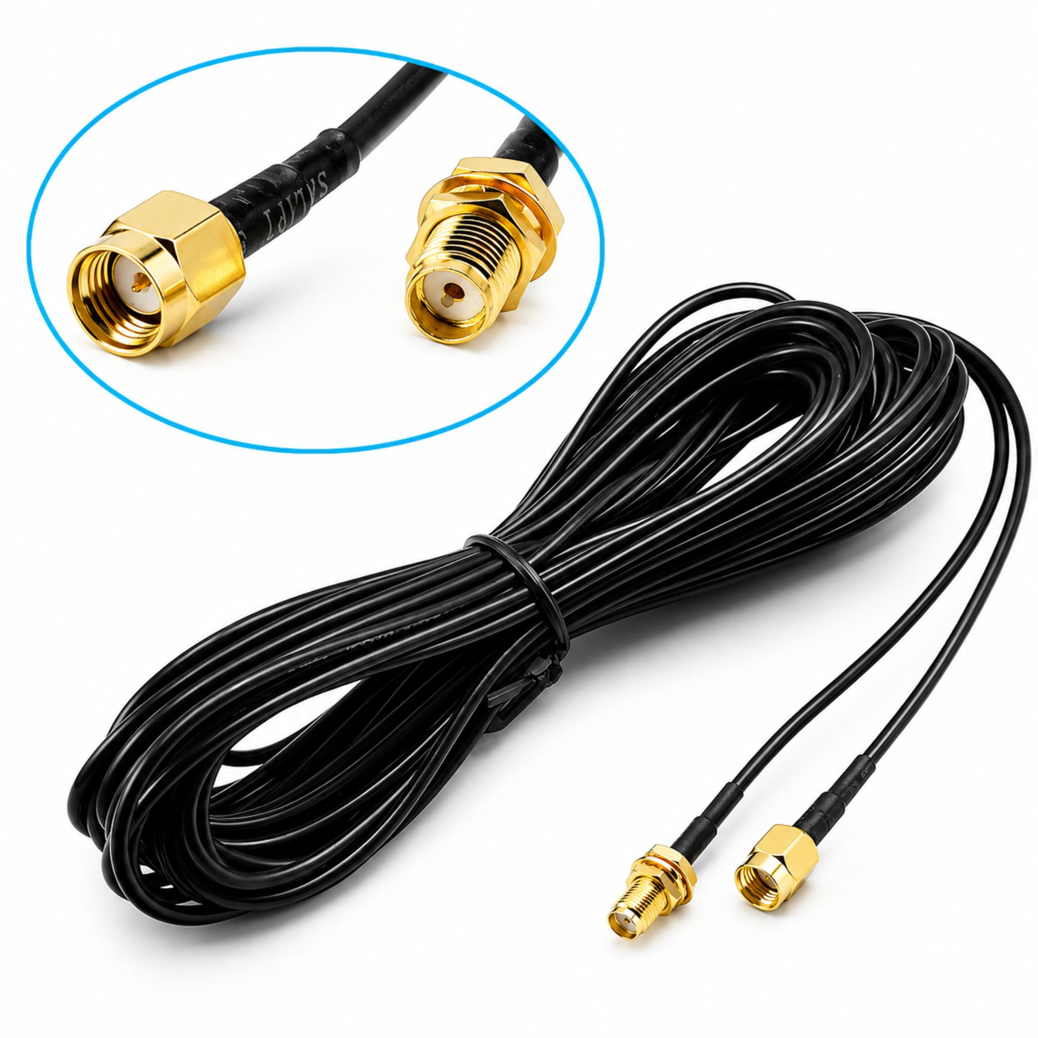 Aufgerolltes schwarzes Kabel mit goldenen Anschlüssen, oben mit Detailansicht.